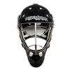 Black hockey goalie mask with 'Road Warrior' branding on a white background